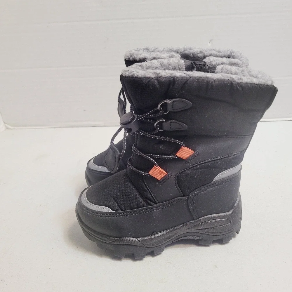 Black Winter Snow Boots Kids Size 8C Faux Fur Lined Bungee Zip Reflective Trim